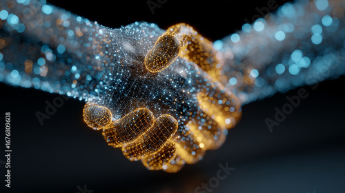 Digital handshake with glowing particles representing technology and collaboration concept art
