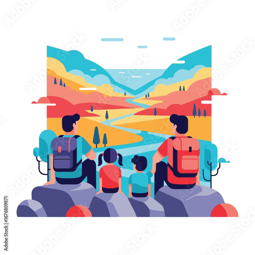 Family Adventure: A stylized illustration captures a family moment of togetherness, with two parents and two children, backpacks at their side.