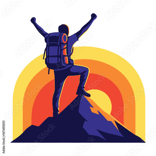 Peak Triumph: A victorious hiker celebrates a hard-earned ascent atop a mountain, with arms triumphantly raised against a vivid backdrop of layered, radiant sunsets, depicting the spirit of adventure.