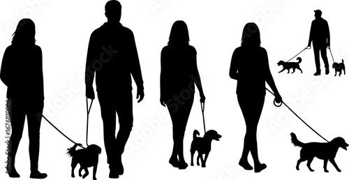 Silhouette of a woman and man walking dogs on leashes in a park or outdoor setting on a sunny day | editable eps vectors	