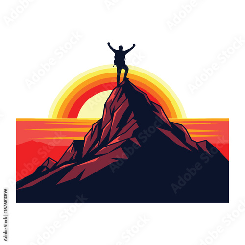 Peak of Triumph: Silhouette of an triumphant individual stands atop a towering mountain at sunrise, symbolizing the peak of achievement and human potential, capturing the spirit of conquering