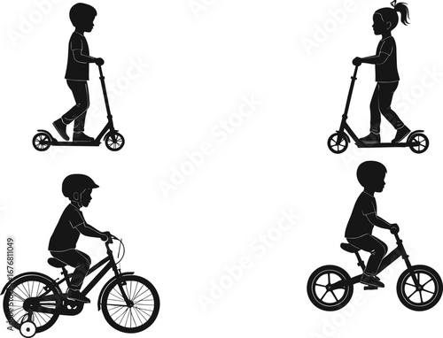 Vector illustration of children riding scooters and bicycles in silhouette, showcasing kids’ outdoor activity, balance, play, and early transportation.