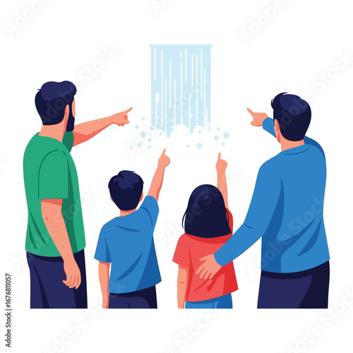 Family's Watery Wonder: A family marvels at a waterfall, pointing towards its cascade and sharing a moment of discovery, in an illustration that captures the beauty of nature.