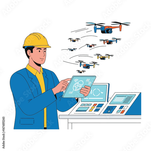 Drone Control: A technician, clad in a work helmet and blazer, skillfully controls an array of drones using advanced technology, showcasing the intricate world of innovation and aviation.