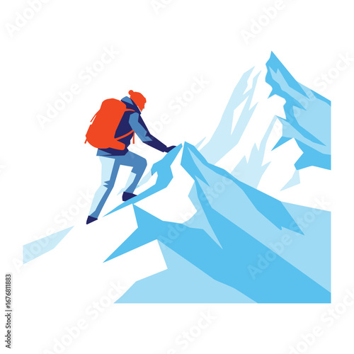 Mountain Ascent: A determined individual conquers a snowy peak, embodying the spirit of adventure and perseverance with his climb against the scenic snow mountain