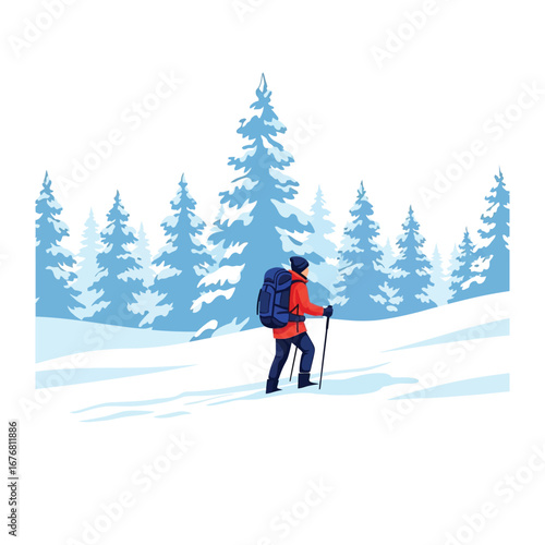 Solo trek through snowy pine forest: A solitary trekker journeys through a wintry pine forest, a symbol of human resilience. Set on crisp and snowy scene.