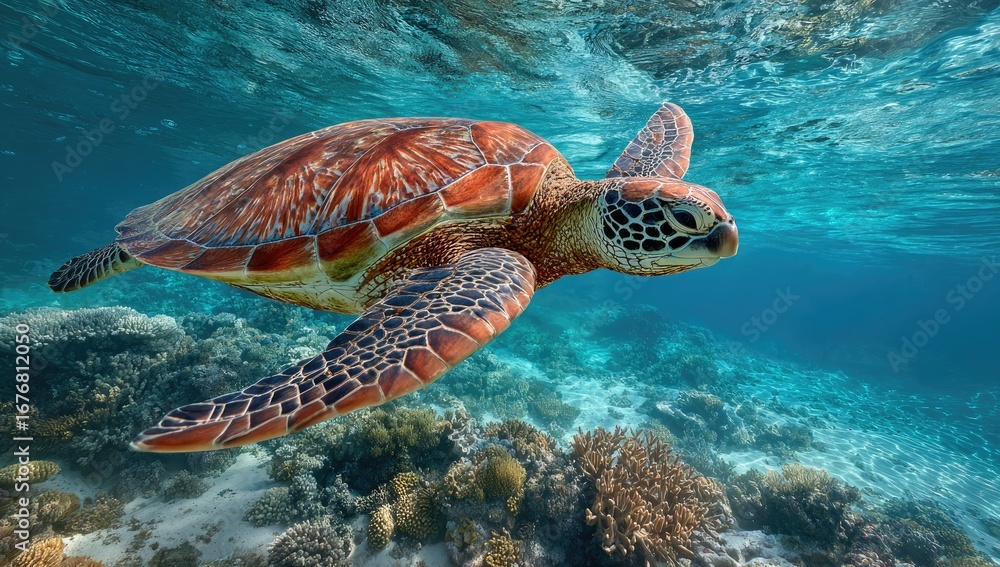 Fototapeta premium Sea turtle glides through coral reef