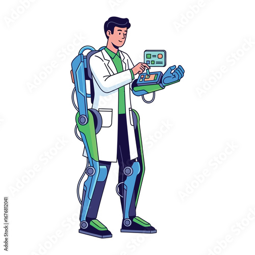 Future of Mobility: A scientist in a futuristic exoskeleton suit, showcasing cutting-edge advancements in the realms of science, technology, and innovation. 
