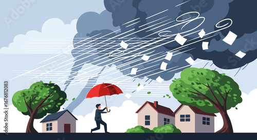 Man braving severe weather conditions holding an umbrella protecting himself from heavy rain and strong winds destroying trees and houses