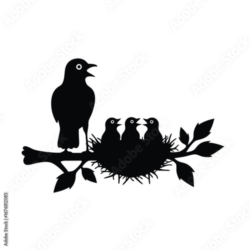Black silhouette of a bird and chicks in a nest on a branch 1
