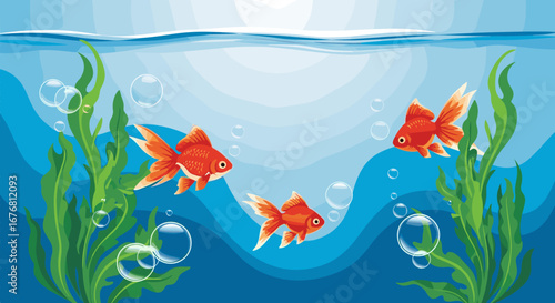 Three bright orange goldfish swimming gracefully among lush green aquatic plants underwater scene with bubbles floating up