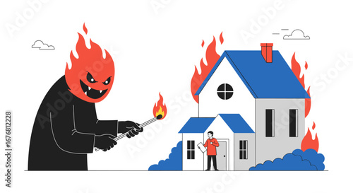Man with fiery head holding matches about to set house on fire with person standing by door trying to fight flames