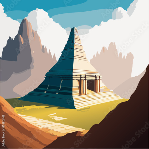 Ancient Stone Temple Discovery in Mountainous Landscape - 3D Vector Illustration with Firefly Concept
