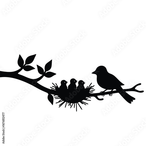 Black silhouette of a bird family in a nest on a branch 4