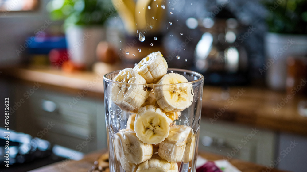 Fototapeta premium Frozen banana chunks peeking from frosty glass