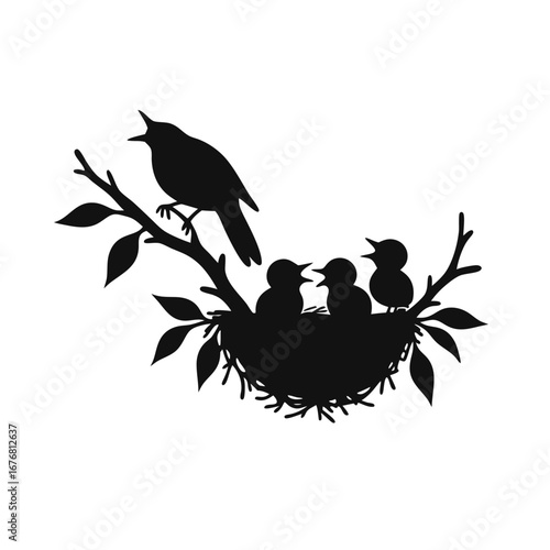 Black silhouette of a bird family in a nest on a branch