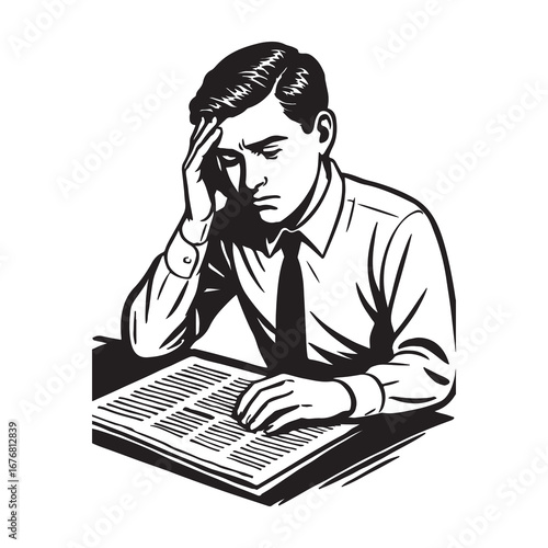 Stressed Businessman Reading Newspaper Financial Anxiety Stress Work Problem Illustration
