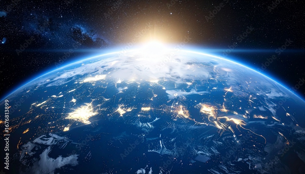 Fototapeta premium Earth seen from space, with city lights illuminating continents, and a sunrise.