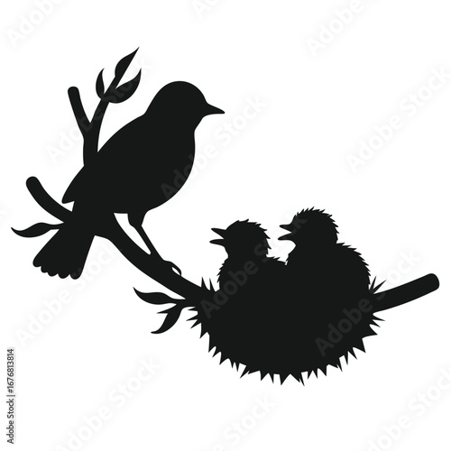 Black silhouette of a bird feeding chicks in a nest on a branch 3