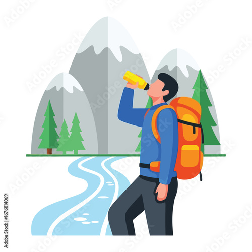 Adventure's Thirst Quencher: A solo hiker pauses to refresh himself with a drink from a bright water bottle amidst a stunning mountain panorama, a vibrant representation of adventure and nature.