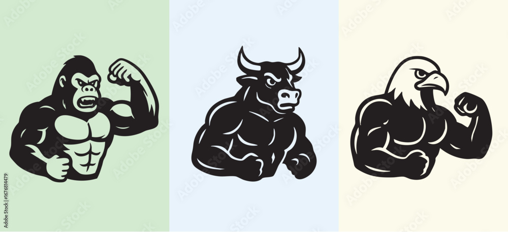 Fototapeta premium Gorilla bull and eagle mascots flexing muscles with bold illustration style. Animal gym logo