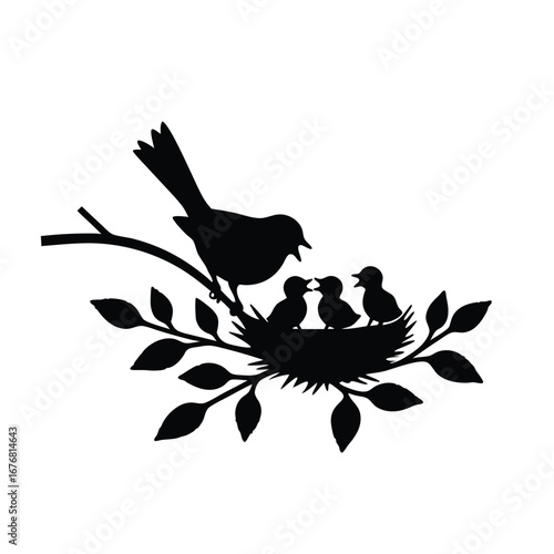 Black silhouette of a bird feeding chicks in a nest on a branch 7