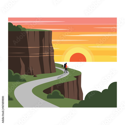 Journey to the Horizon: A solitary hiker ascends a winding path along a cliff edge toward the brilliant sunset, symbolizing the allure of exploration and the rewarding pursuit of personal goals. 