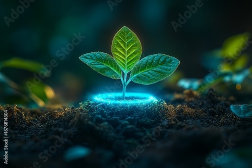 New plant growth emerging vibrantly in a dark forest with ethereal blue light illuminating the soil