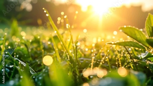 Dew Drops on Grass at Sunrise: Nature's Beauty