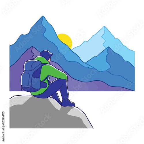 Adventure's Contemplation: A solitary figure, backpack in tow, takes a moment of reflection upon a majestic mountain peak, basking in the warm embrace of the sun's glow.