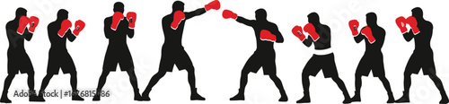 Vector illustration of multiple male boxers wearing red gloves practicing punches and defensive stances, showing boxing training and fighting techniquesVector illustration of multiple male boxers 