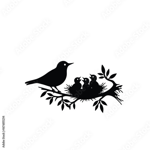 Black silhouette of a bird feeding chicks in a nest on a branch 8