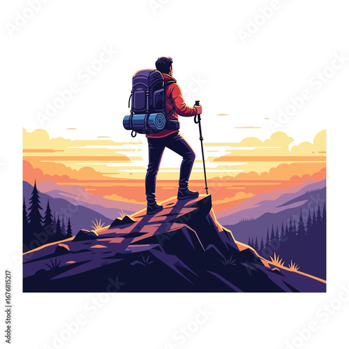 Reach the Peak: A lone hiker stands triumphantly atop a majestic mountain summit, embodying the spirit of exploration and the pursuit of nature, watching the beautiful sunrise