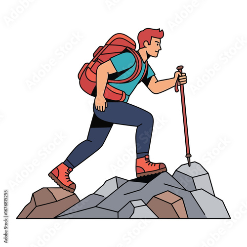 Ascent: A determined hiker conquers the rugged terrain with a backpack and trekking pole, epitomizing perseverance in the pursuit of adventure amidst challenging outdoor environments.