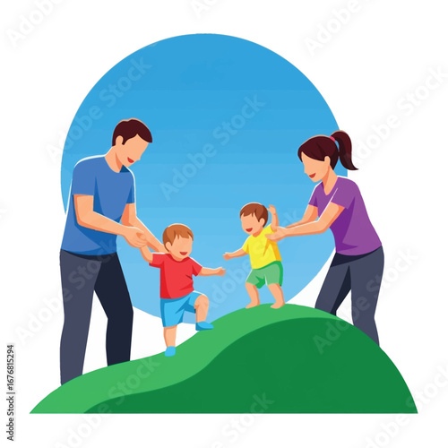 Family's Joyful Stroll: An endearing illustration captures the heartwarming bond of a family as they help their young children take their first steps on a vibrant green hill, with a bright blue sky.
