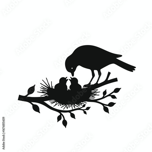 Black silhouette of a bird feeding chicks in a nest on a branch 12