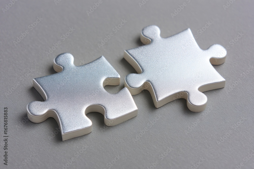 Obraz premium Silver puzzle pieces interlocking, symbolizing teamwork, strategic problem solving, and collaborative progress against neutral background