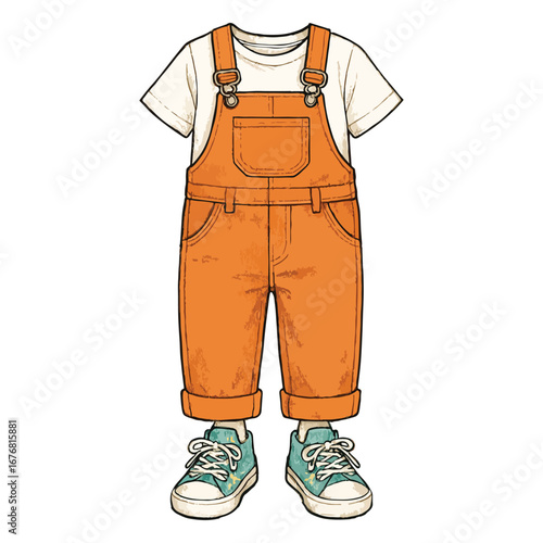 Kids Orange Overalls with White T-Shirt and Sneakers Illustration