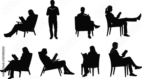 Vector Silhouettes of People Reading Books in Chairs – Perfect for Education, Library, Relaxation, Learning, or Literature Design Projects