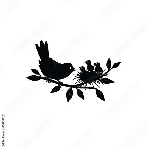 Black silhouette of a bird feeding chicks in a nest on a branch 16
