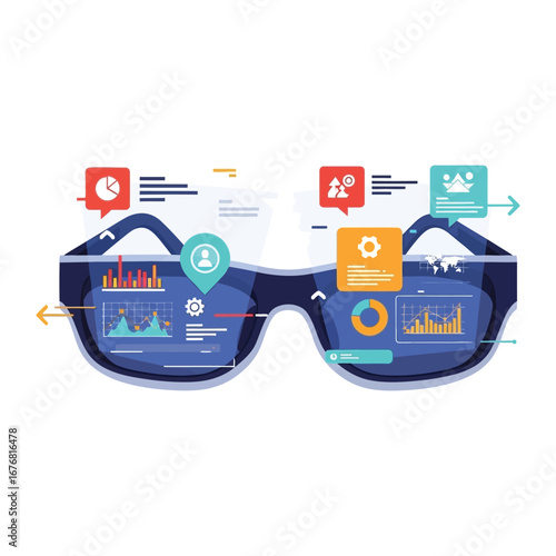 Visionary Tech Spectacles: A detailed illustration showcases a cutting-edge pair of smart glasses, with vibrant icons and data streams. representing the future of technological innovation. 