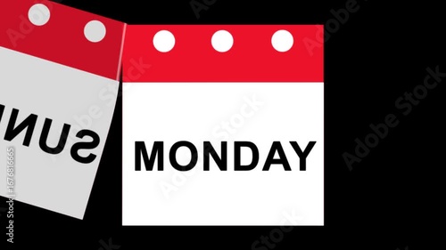 Animated calendar with 7 days of the week in calendar format on black background. Simple and clean design. Perfect for videos, time management, organization or scheduling.