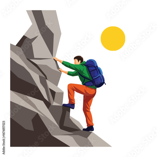 Scaling Heights: An illustration captures the spirit of adventure with a determined individual scaling a rocky peak. The sun casts a warm glow, symbolizing ambition and exploration.