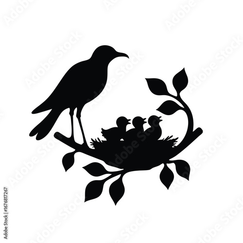 Black silhouette of bird family in nest on branch chick