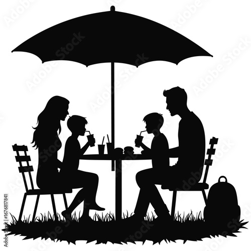 Family dining outdoors under umbrella with drinks and burgers