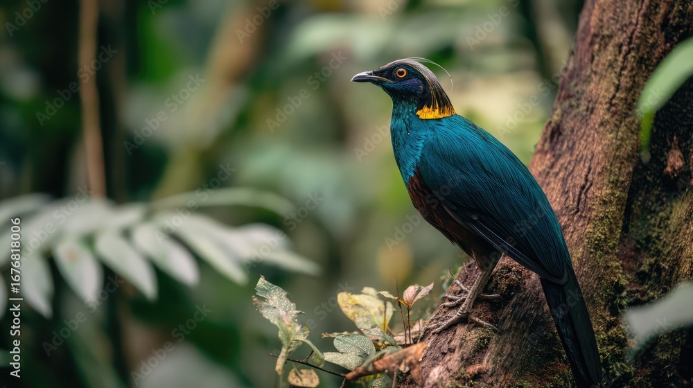 Obraz premium Exotic bird with striking blue and black plumage perched on a tree branch in a lush tropical forest.