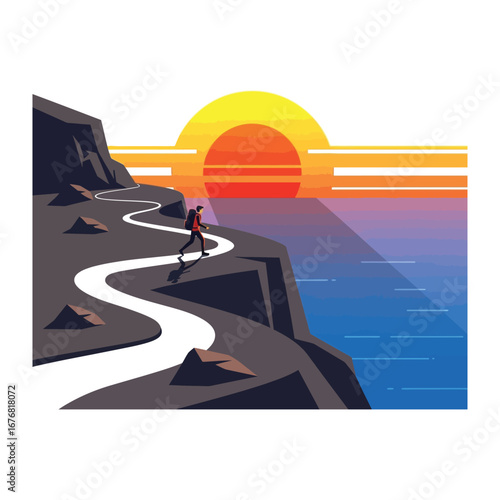 Trailblazer's Journey: A solitary figure embarks on a scenic hike along a winding coastal trail, the path illuminated by the radiant sunset.