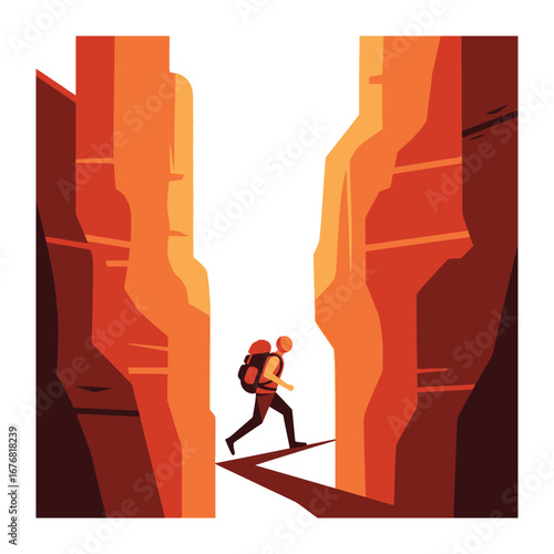 Canyon Explorer: A solo adventurer fearlessly explores a grand canyon, navigating a narrow passage between towering rock formations, captured in vivid illustration.