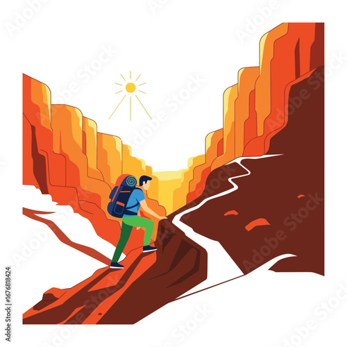 Ascending the Canyon's Majesty: An adventurer embarks on a scenic trek through a majestic canyon, illuminated by the warmth of the sun and the thrill of exploration. 
