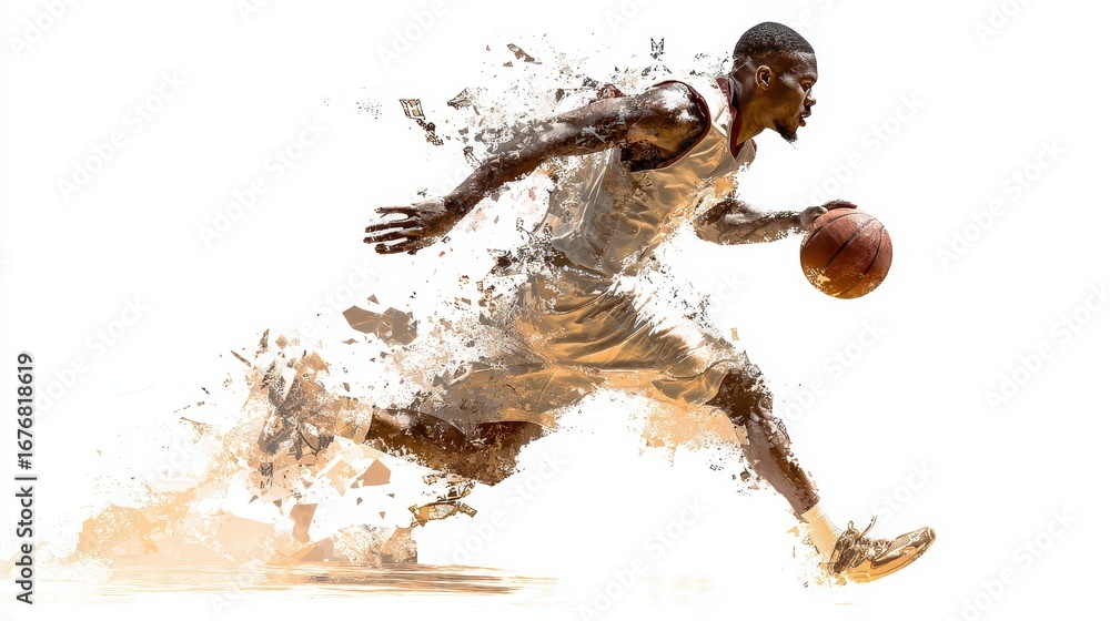 Fototapeta premium Dynamic basketball player sprinting with a ball on an abstract background